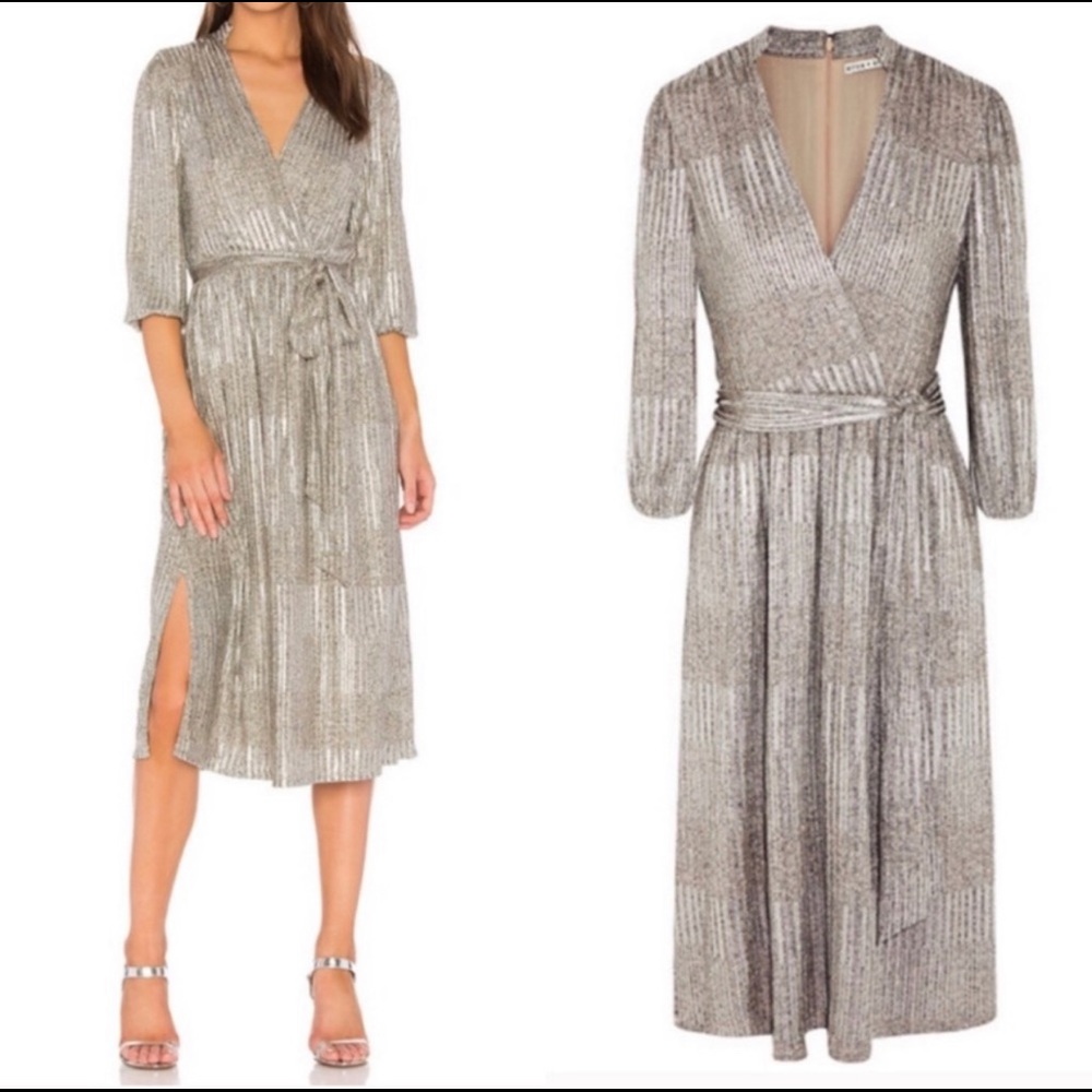 Alice + Olivia Katina Metallic Silver Belted Wrap Dress Size 6
